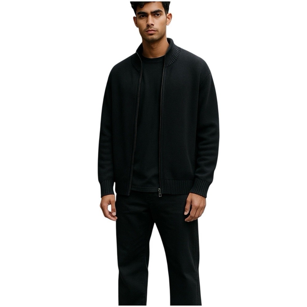 Lands‎ End Cardigan Mens Size Large Navy Full Zip 100% Wool Minimalist Classic